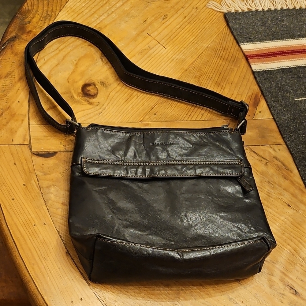 Jack Georges Soft Black Leather Crossbody Hobo Shoulder Bag 10" X 10"